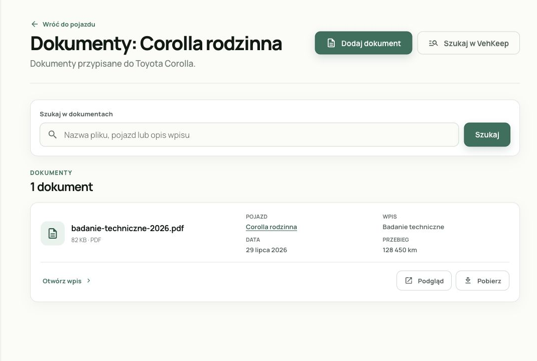 Service record details with a cost and attached invoice. The product interface is shown in Polish.