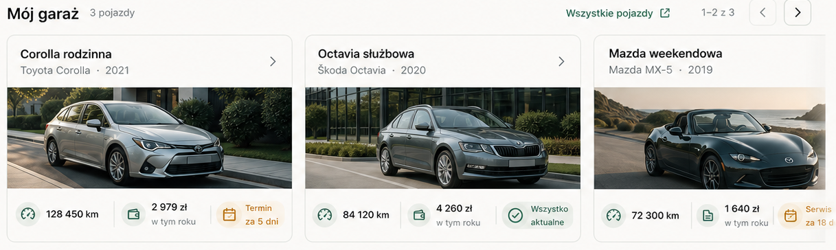 VehKeep garage with three vehicles and a separate status for each one. The product interface is shown in Polish.