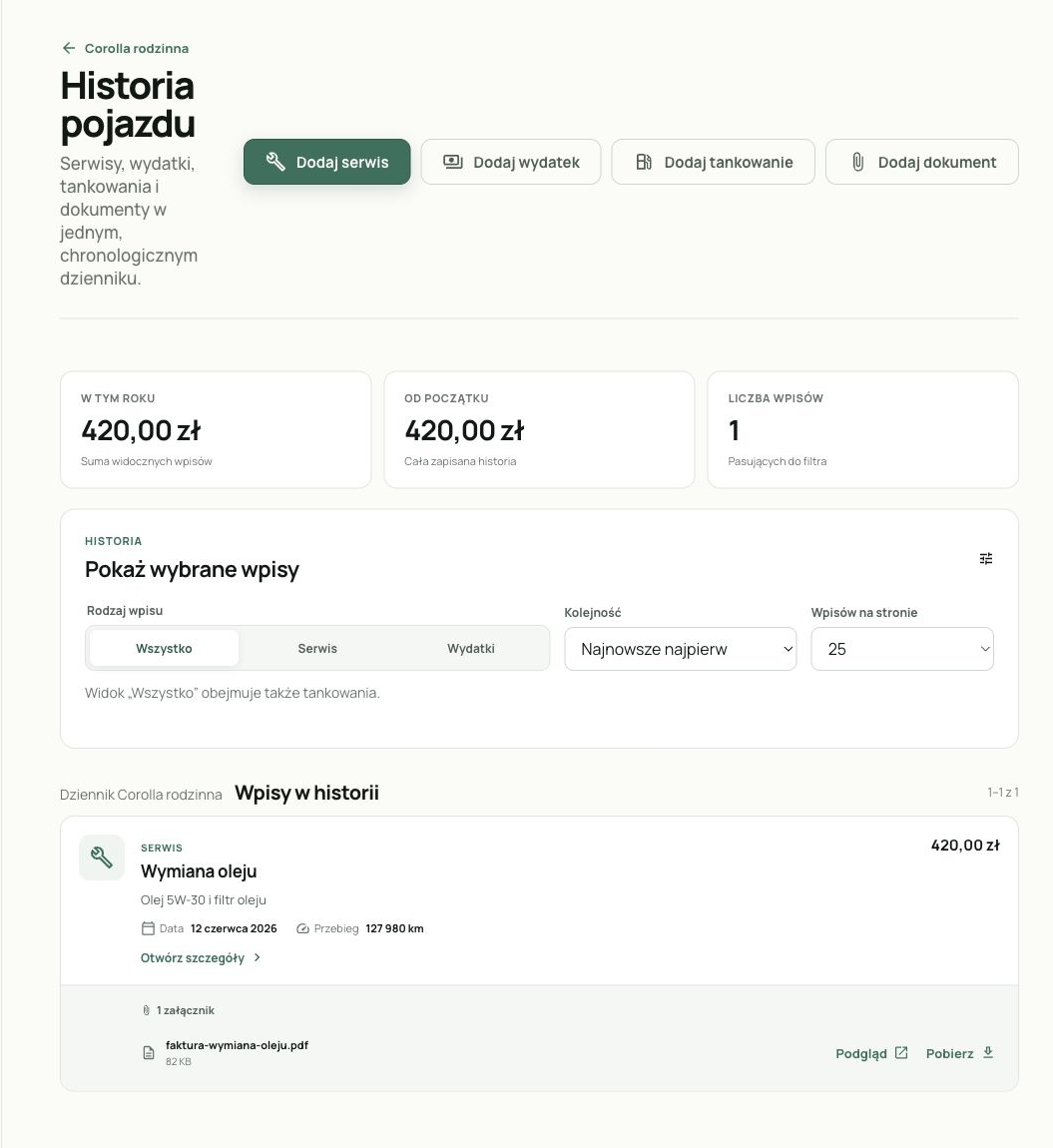 Vehicle service timeline with dates, mileage, and costs. The product interface is shown in Polish.