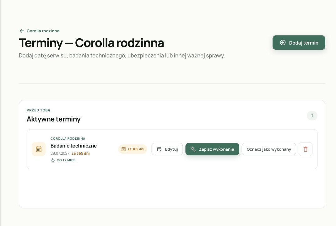 New reminder for the Toyota Corolla's next technical inspection. The product interface is shown in Polish.