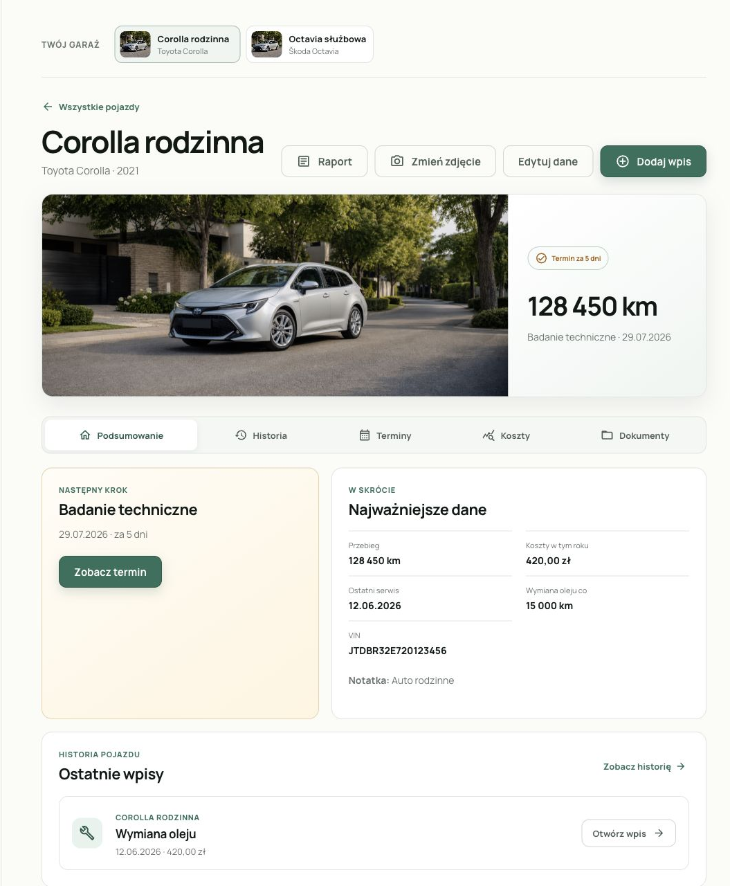 Sample Toyota Corolla profile with its model year and mileage. The product interface is shown in Polish.